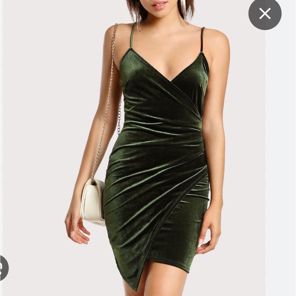 Dark green ruched velour cami dress - Picture 1 of 3